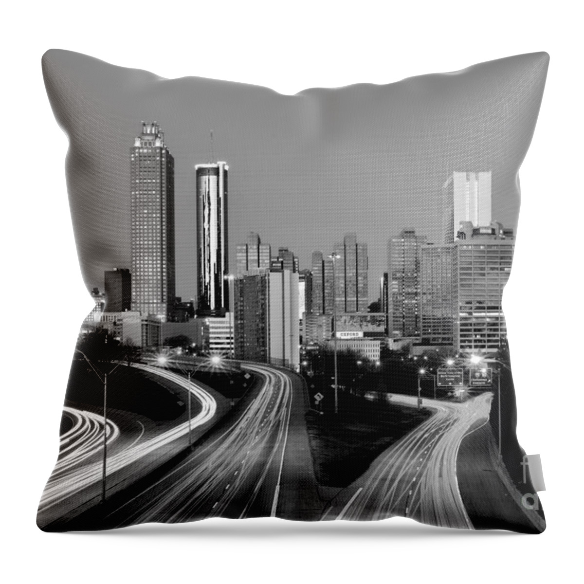 Atlanta Throw Pillow featuring the photograph Atlanta Skyline in Morning Downtown Light trails BW Black and white by Jon Holiday