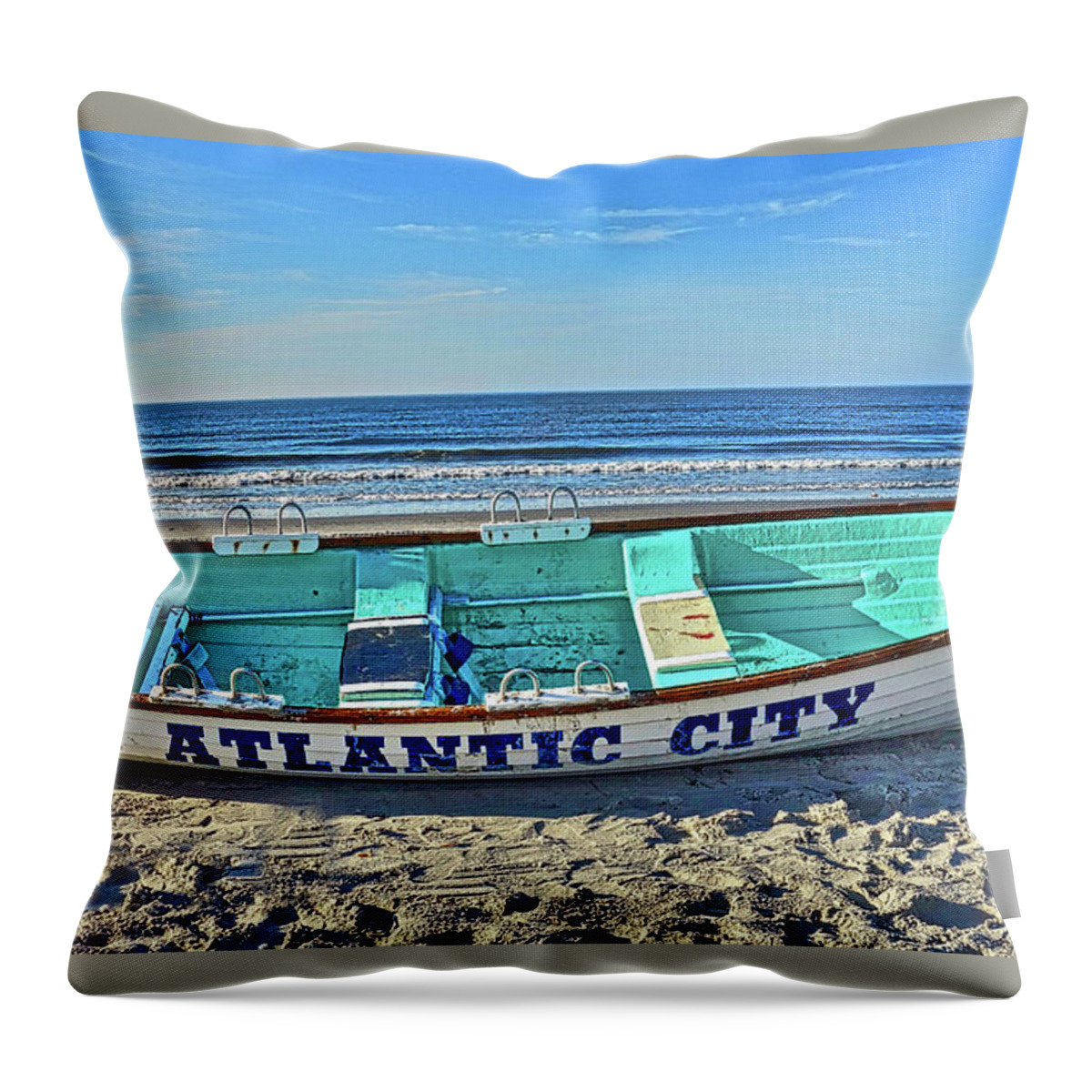Atlantic City New Jersey Lifeguard Rescue Rowboat Throw Pillow featuring the photograph Atlantic City Rowboat by Joan Reese