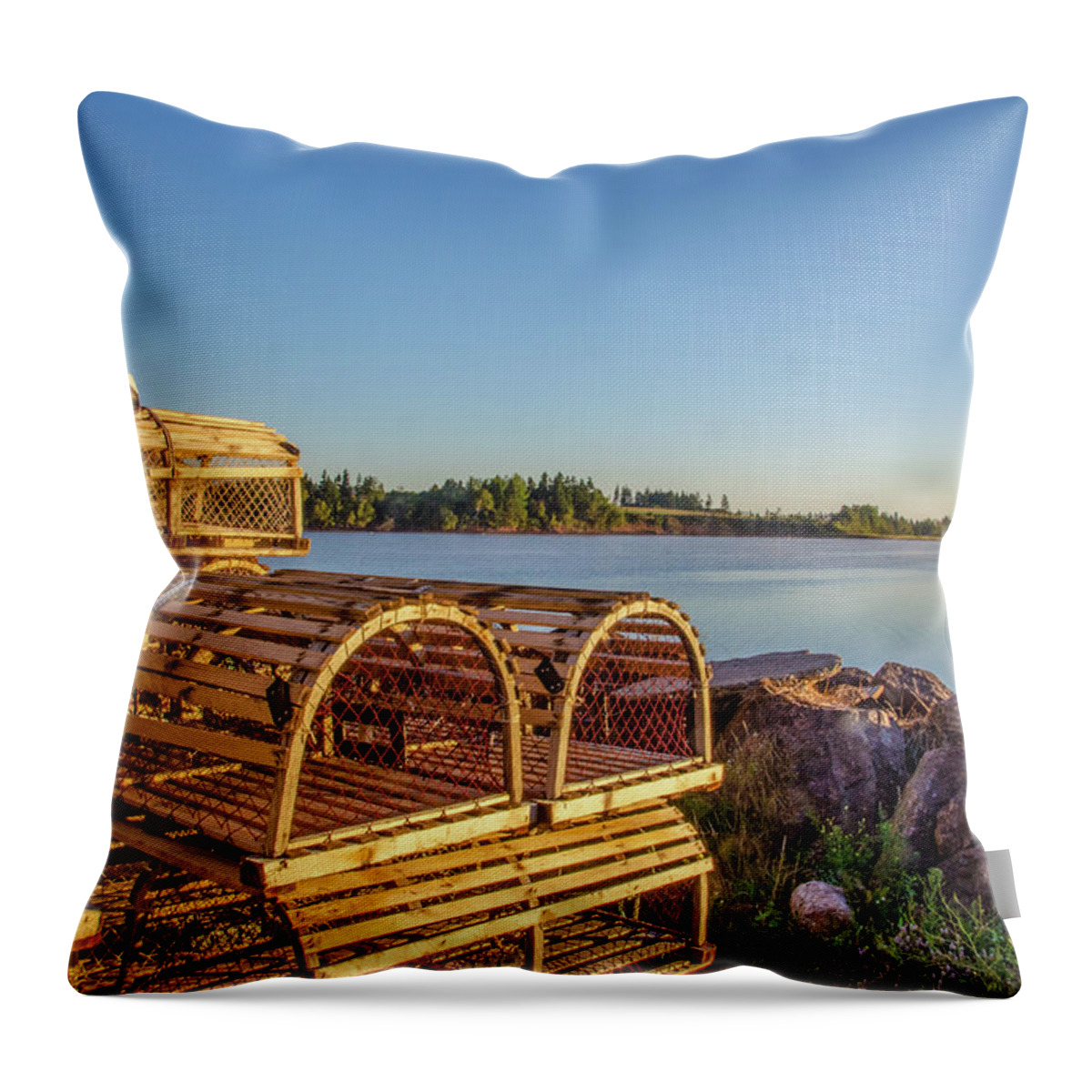 Lobster Throw Pillow featuring the photograph Atlantic Maritime Harborfront Scene by Douglas Wielfaert