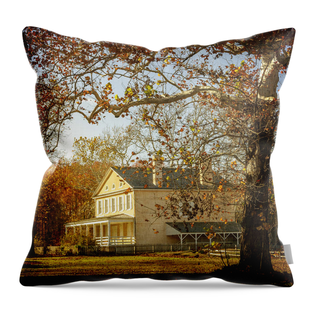 (calm Or Still) Throw Pillow featuring the photograph Atsion Mansion by Debra Fedchin
