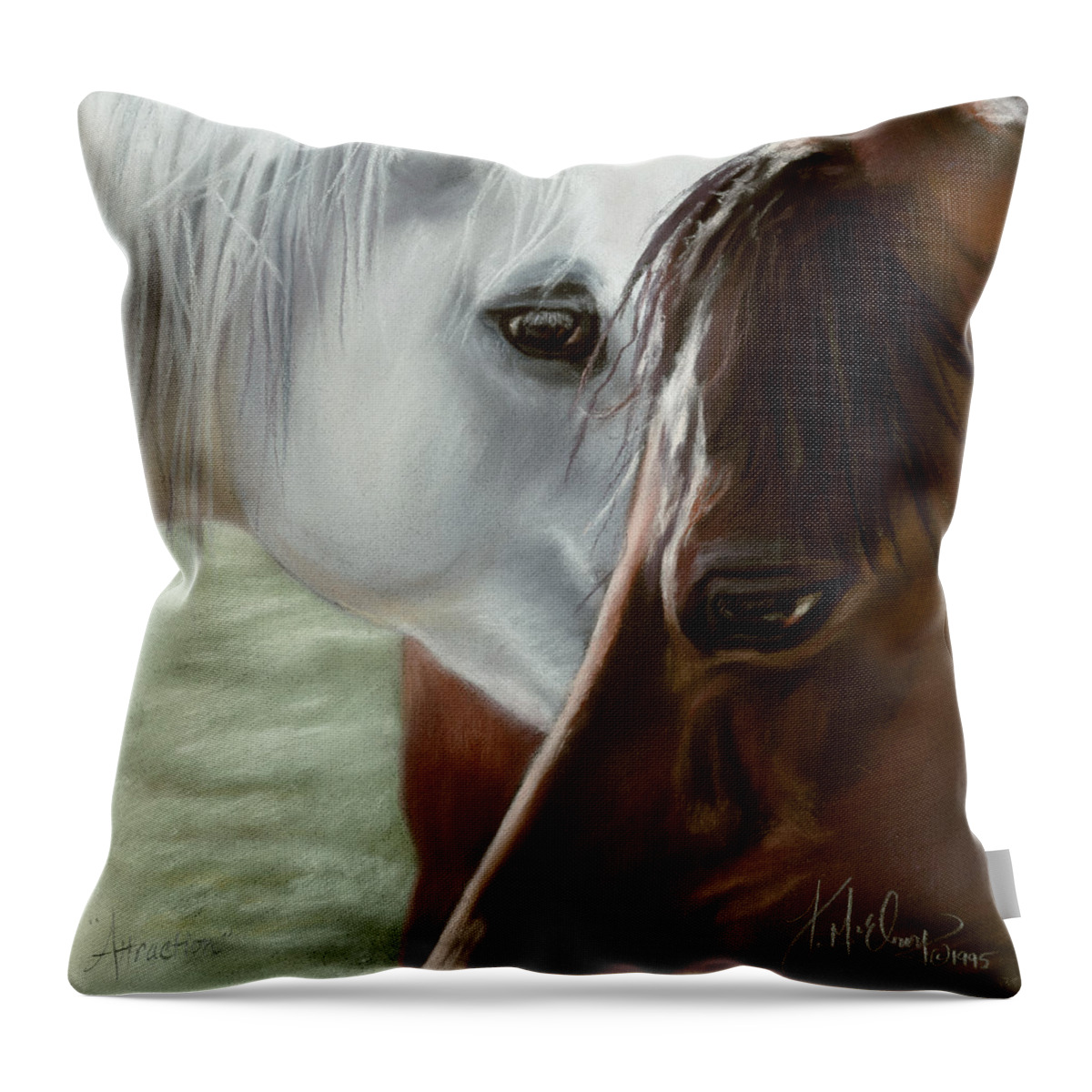 Mare And Stallion Throw Pillow featuring the pastel Attraction by Kim McElroy
