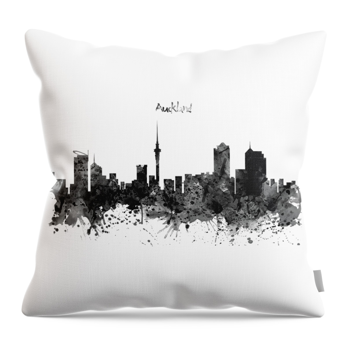 Marian Voicu Throw Pillow featuring the painting Auckland Black and White Watercolor Skyline by Marian Voicu
