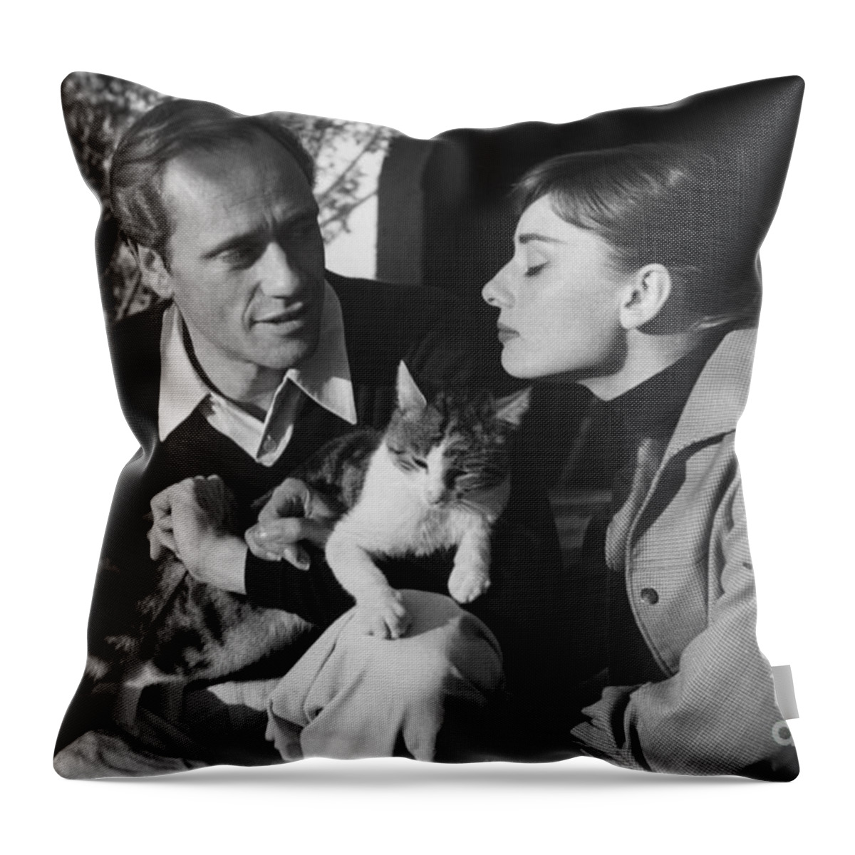 B&w Throw Pillow featuring the photograph Audrey Hepburn and Mel Ferrer by George Daniell