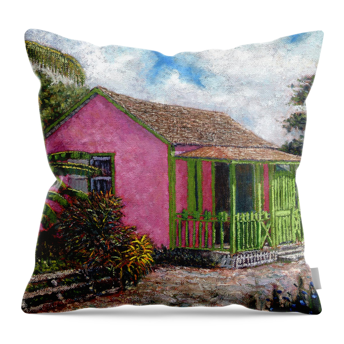 Pink Cottage Throw Pillow featuring the painting Aunt Suzy's Cottage by Ritchie Eyma