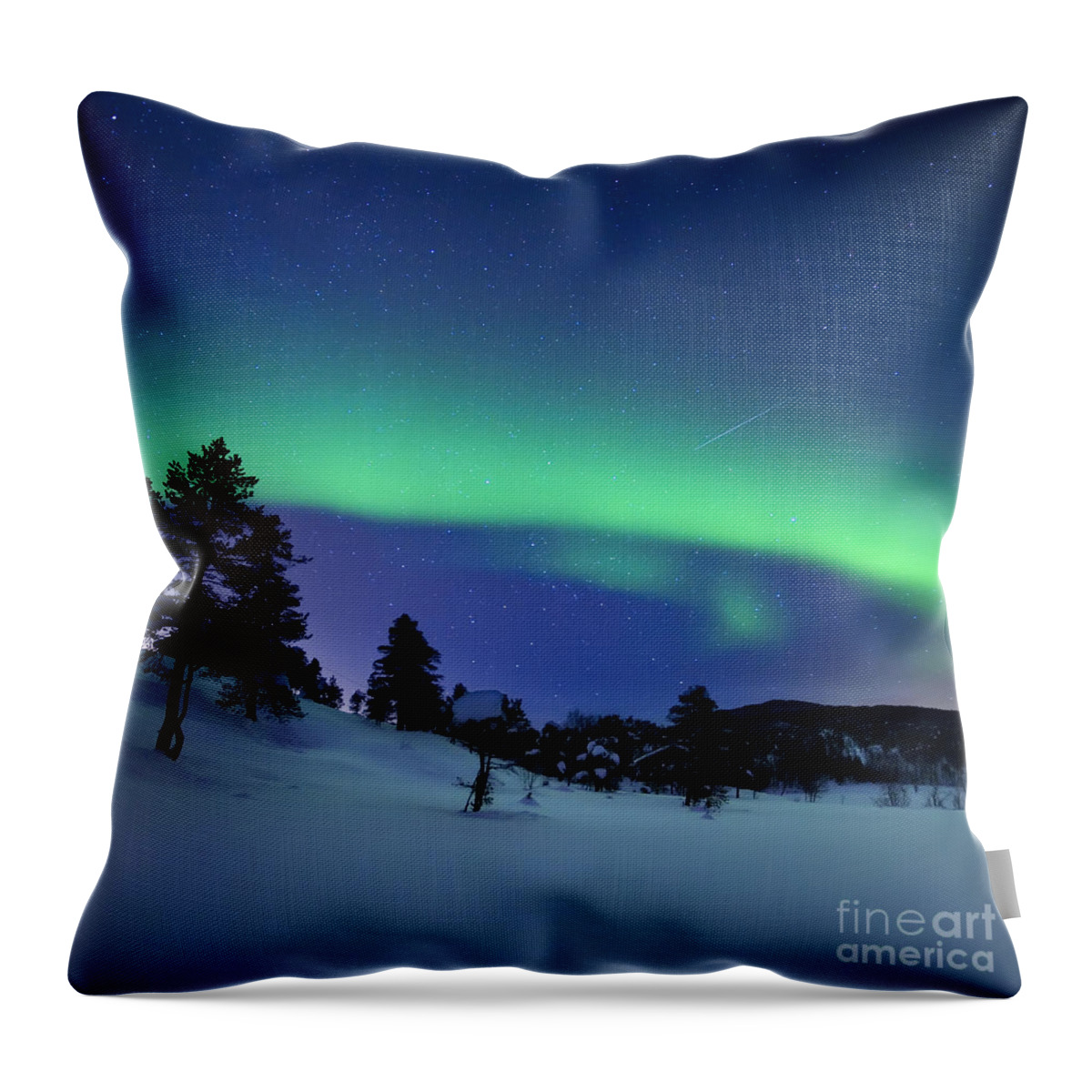 Aurora Borealis Throw Pillow featuring the photograph Aurora Borealis And A Shooting Star by Arild Heitmann