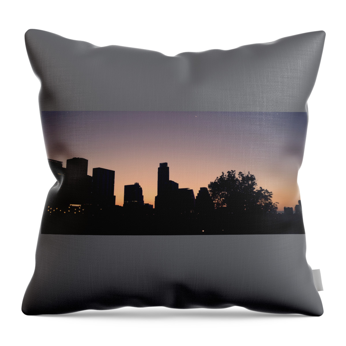 Butler Park Throw Pillow featuring the photograph Austin Skyline Sunrise Into A Crescent Moon Panorma by Felipe Adan Lerma
