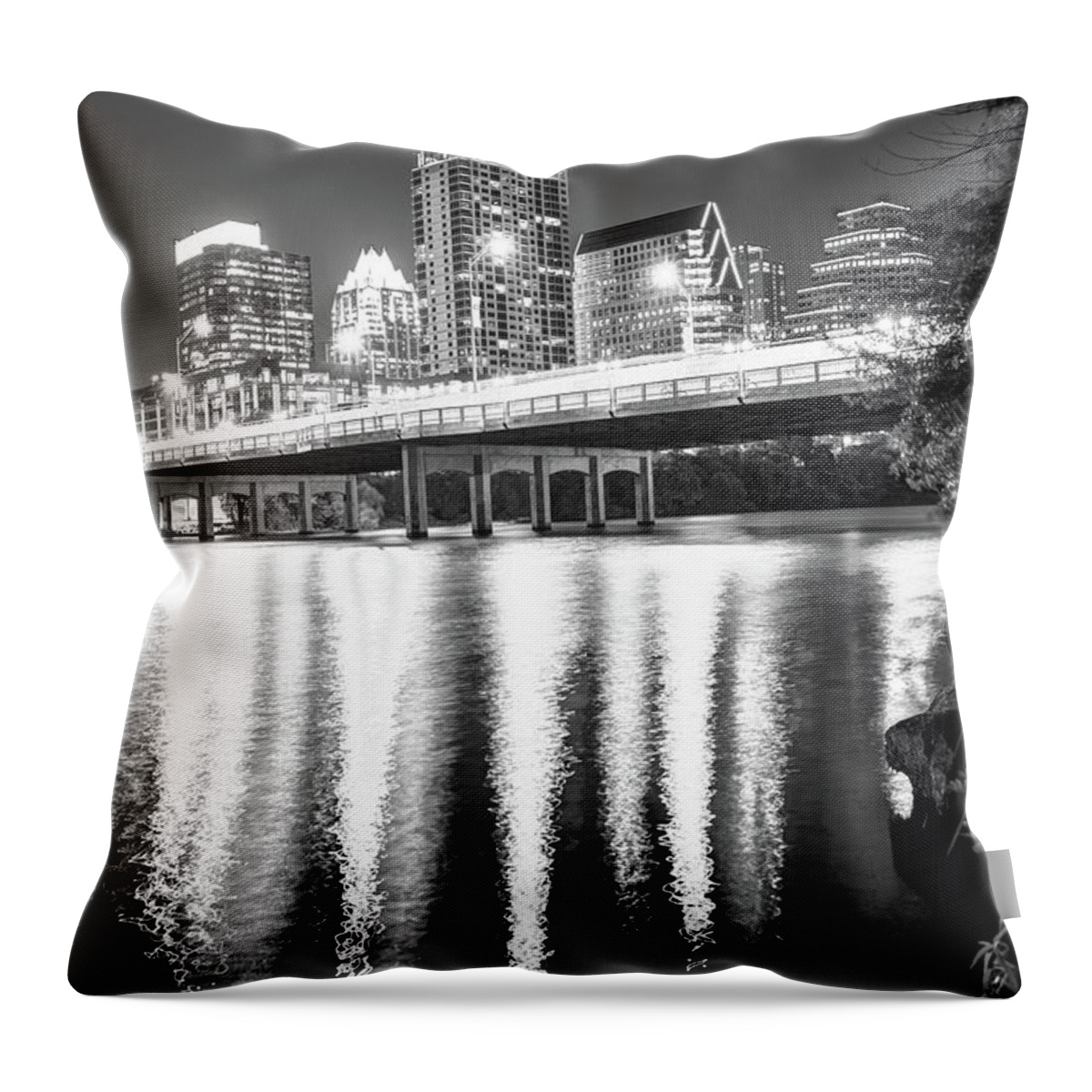 Austin Skyline Throw Pillow featuring the photograph Austin Texas Black and White Skyline Night Reflections by Gregory Ballos