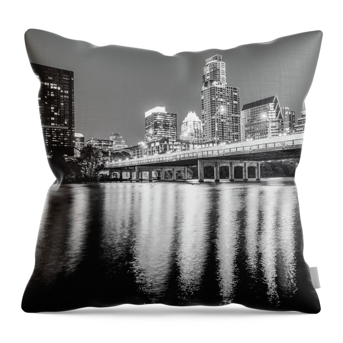 Austin Skyline Throw Pillow featuring the photograph Austin Texas Downtown Skyline at Night on the Colorado River - Black and White Edition by Gregory Ballos