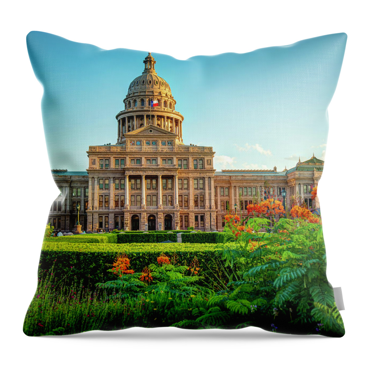 America Throw Pillow featuring the photograph Austin Texas State Capitol Building and Flower Garden by Gregory Ballos
