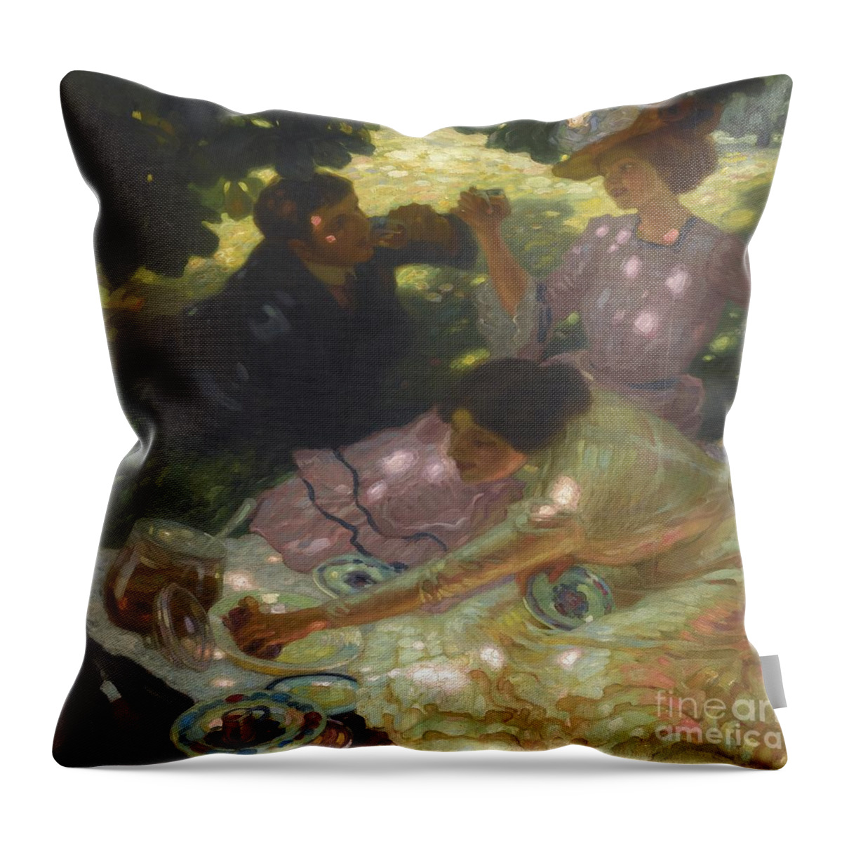 Leo Putz 1869-1940 Austrian The Picnic.forest Throw Pillow featuring the painting Austrian The Picnic by MotionAge Designs