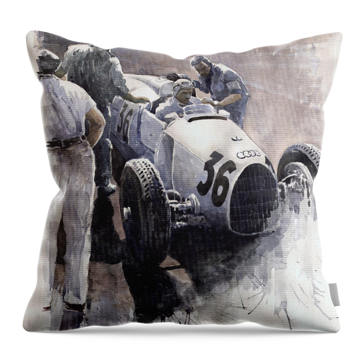 Auto Throw Pillow featuring the painting Auto Union B type 1935 Italian GP Monza B Rosermeyer by Yuriy Shevchuk