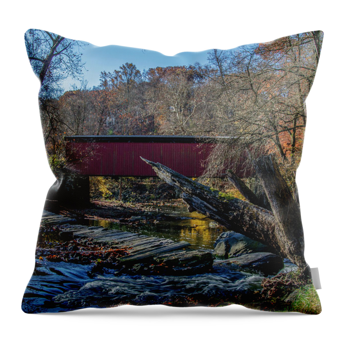 Autumn Throw Pillow featuring the photograph Autumn Along the Wissaickon Creek at Thomas Covered Bridge by Bill Cannon
