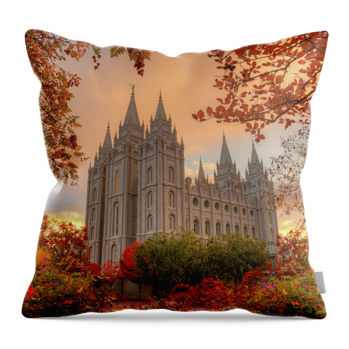Temple Throw Pillow featuring the photograph Autumn at Temple Square by Dustin LeFevre