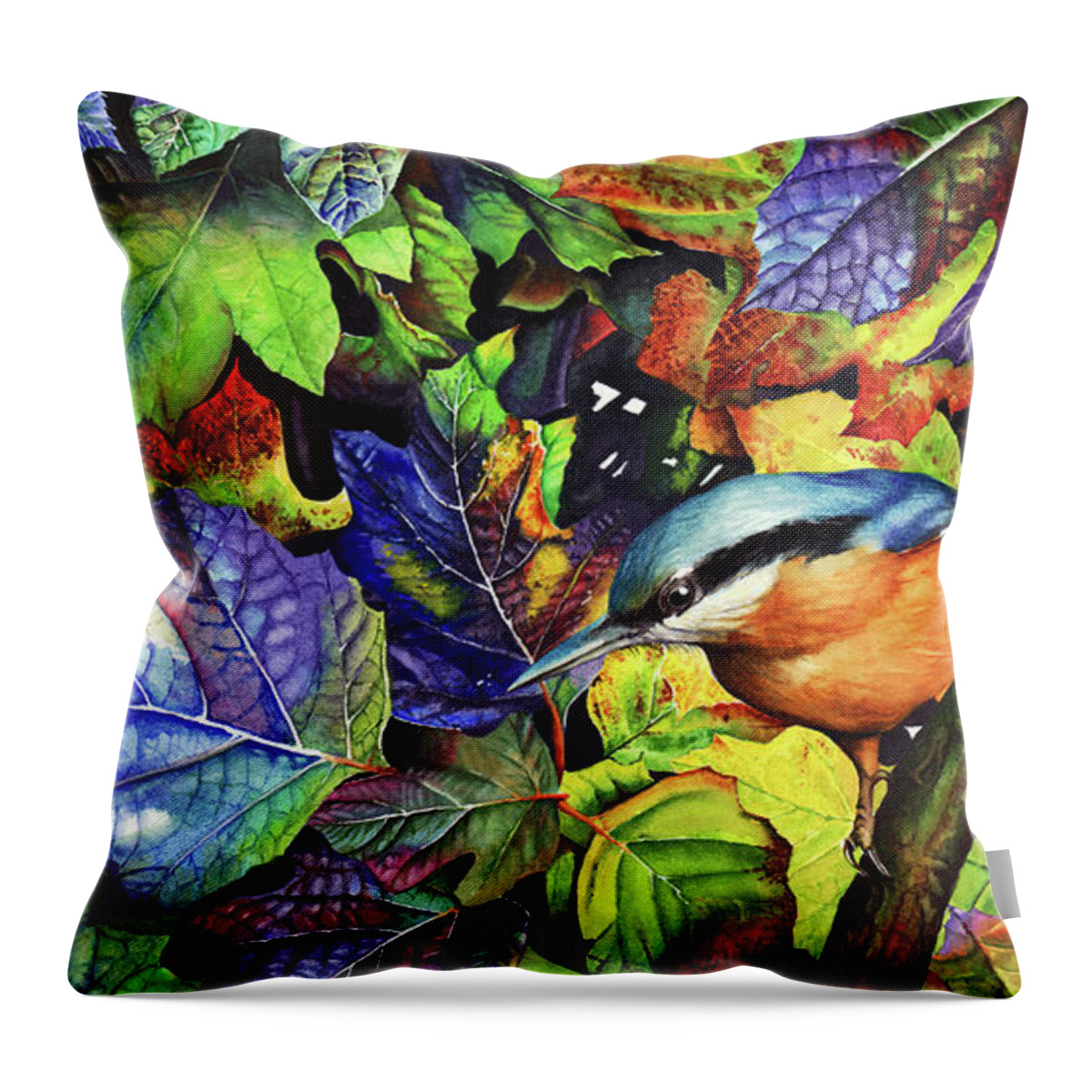 Leaves Throw Pillow featuring the painting Autumn Blues 2 by Peter Williams