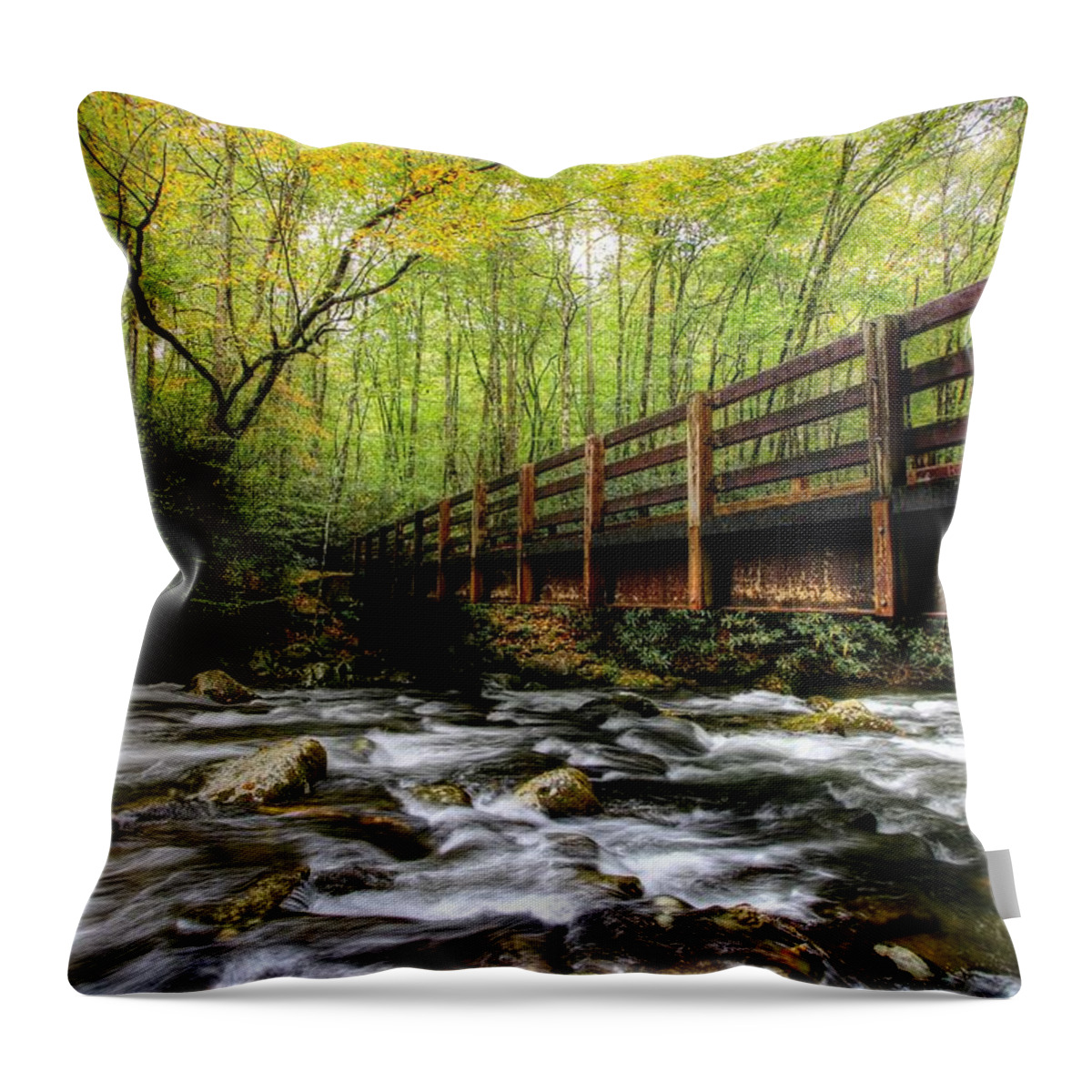 Kephart Prong Bridge Throw Pillow featuring the photograph Autumn Color Begins On The Kephart Prong Bridge by Carol Montoya