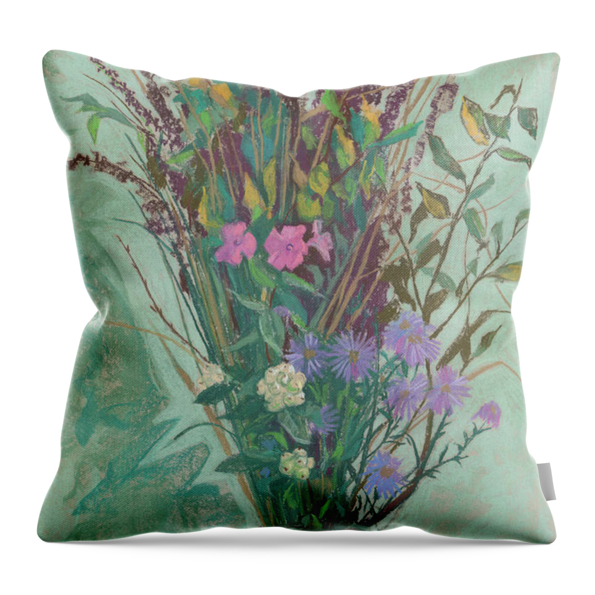 Original Art Throw Pillow featuring the pastel Autumn flowers by Julia Khoroshikh