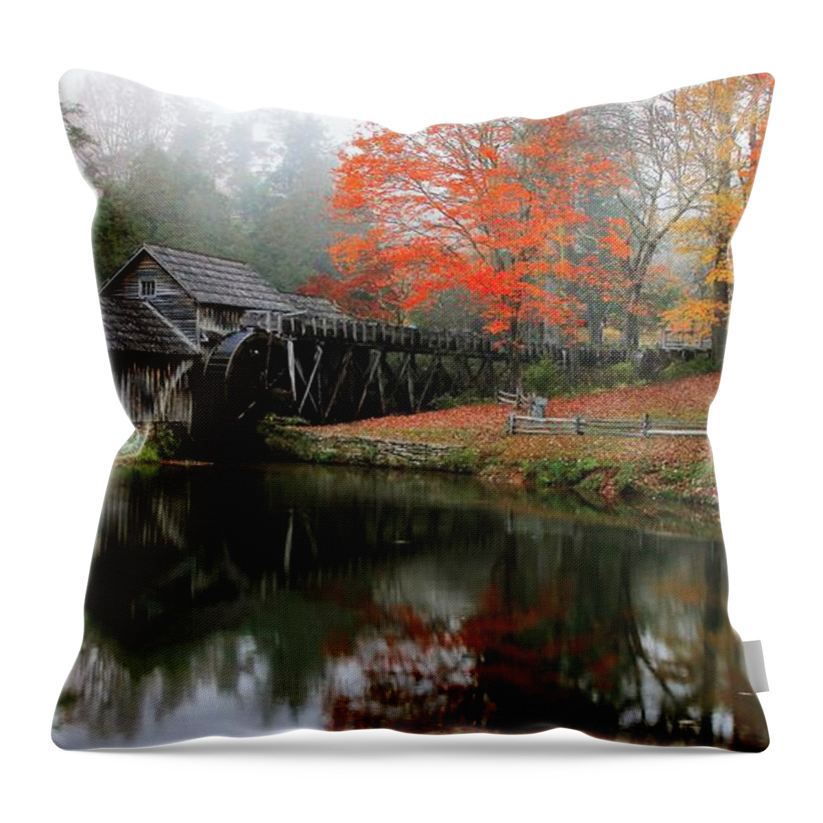 Mabry Mill Throw Pillow featuring the photograph Autumn Foggy Morning At Mabry Mill Virginia by Carol Montoya
