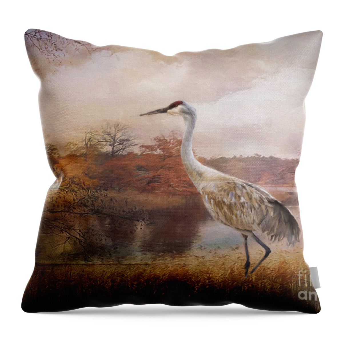 Crane Throw Pillow featuring the painting Autumn Lake Crane by Janice Pariza
