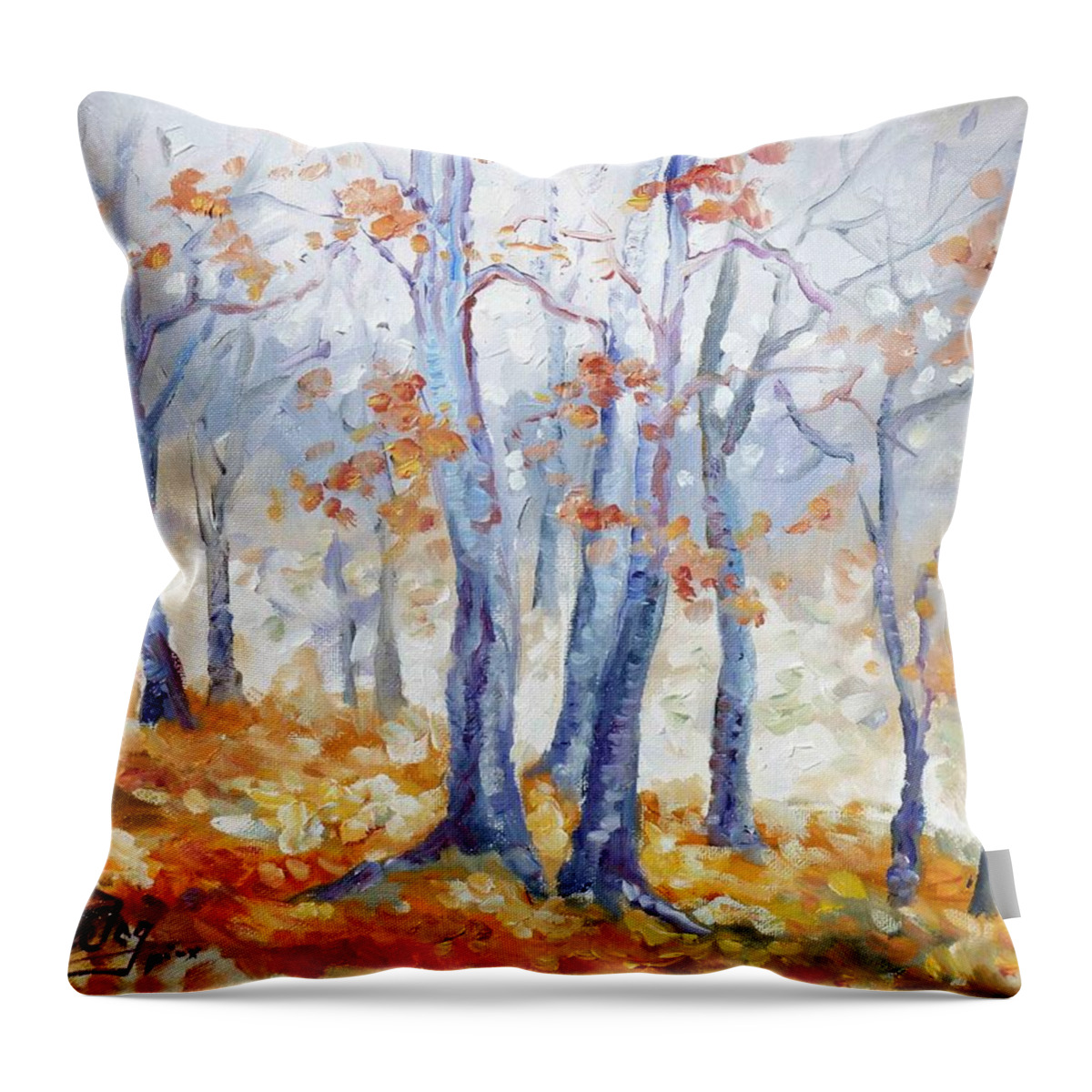 Forest Throw Pillow featuring the painting Autumn mist - morning by Irek Szelag