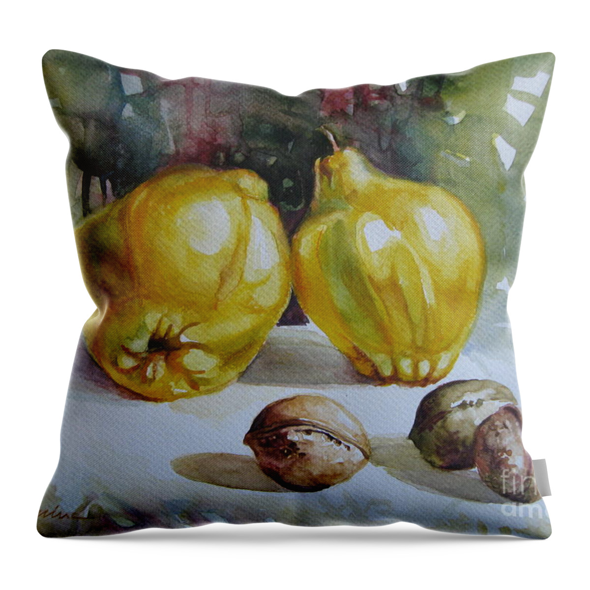 Quinces Throw Pillow featuring the painting Autumn still life 2 by Elena Oleniuc