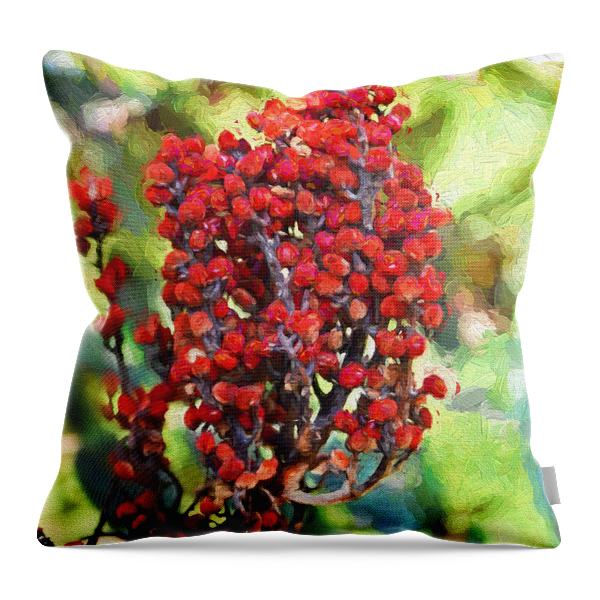 Botanical Throw Pillow featuring the photograph Autumn Sumac Fruit - Digital Paint by Debbie Portwood