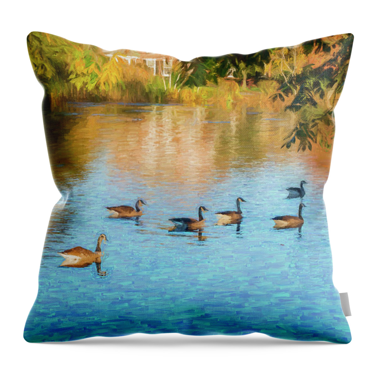 Geese Throw Pillow featuring the photograph Autumn Swim by Cathy Kovarik