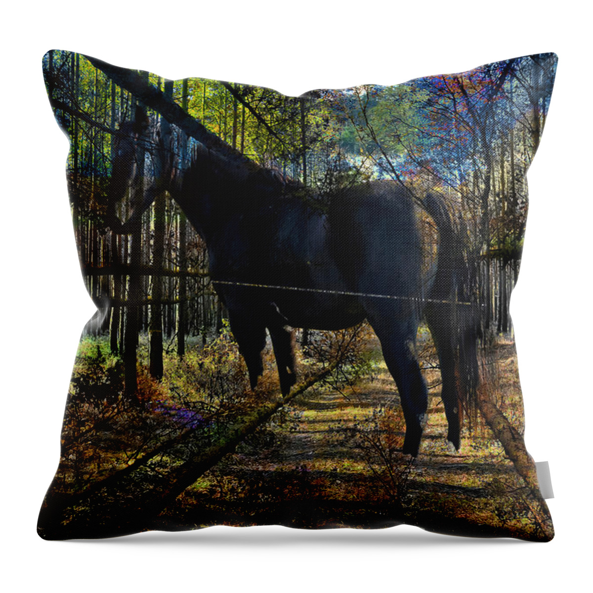 Horse In The Autumn Forest Throw Pillow featuring the digital art Horse in the Autumn Forest by Silva Wischeropp