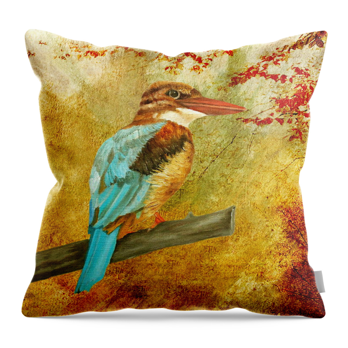 Kingfisher Throw Pillow featuring the painting Autumnal Kingfisher by Angeles M Pomata