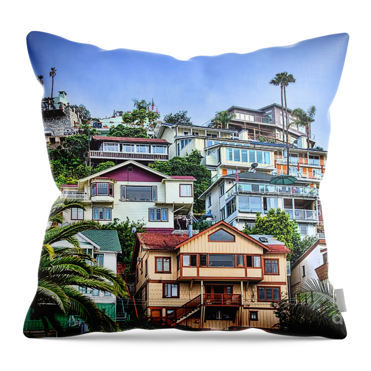  Sunny Throw Pillow featuring the photograph Avalon Hillside with Harbor View by Norma Warden