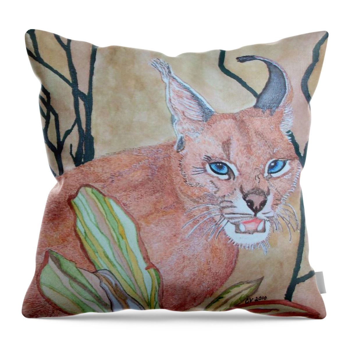 Caracal Golden Cat Throw Pillow featuring the painting Awaiting Your Mistake by Connie Valasco