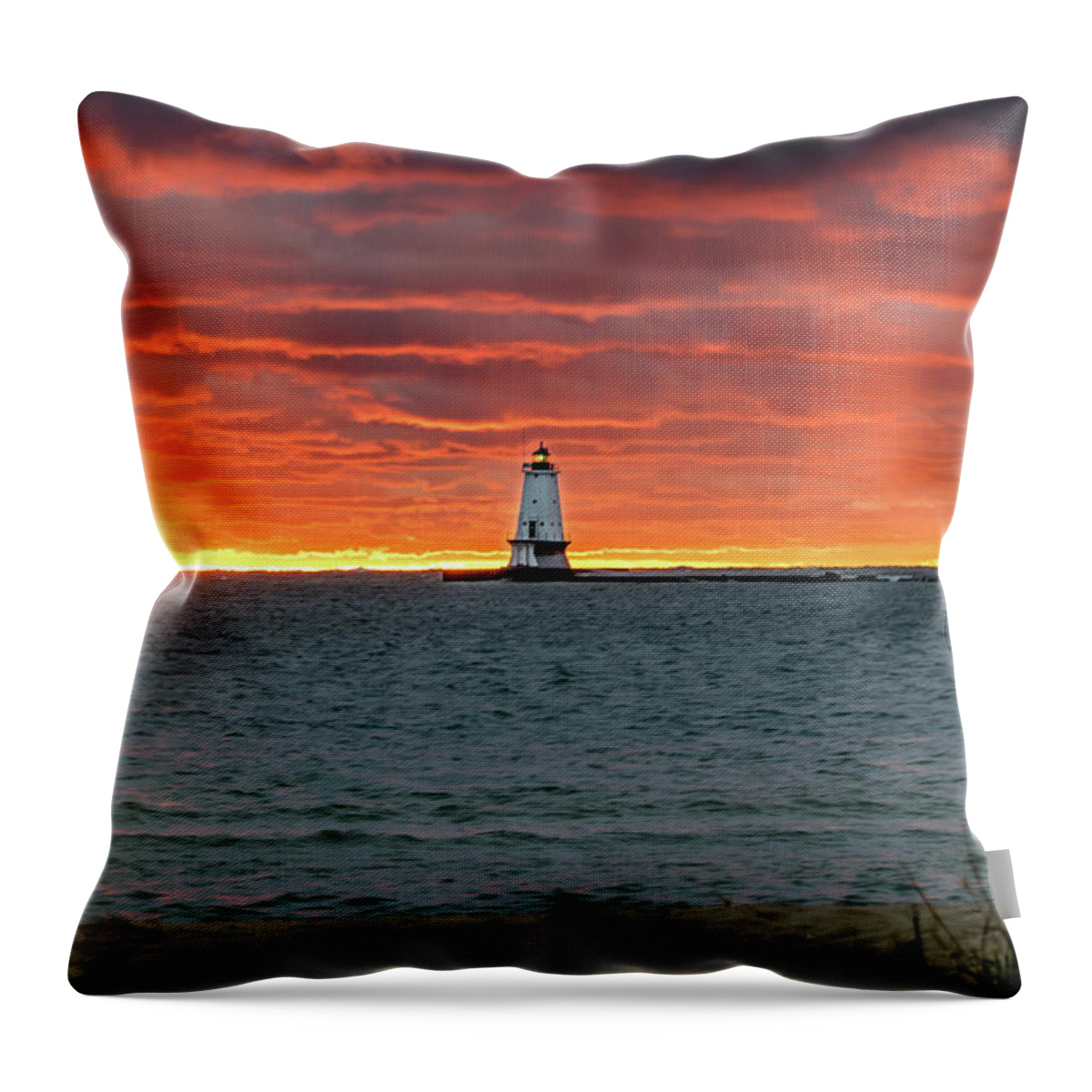 Ludington Mi Throw Pillow featuring the photograph Awesome Sunset with Lighthouse by Lester Plank