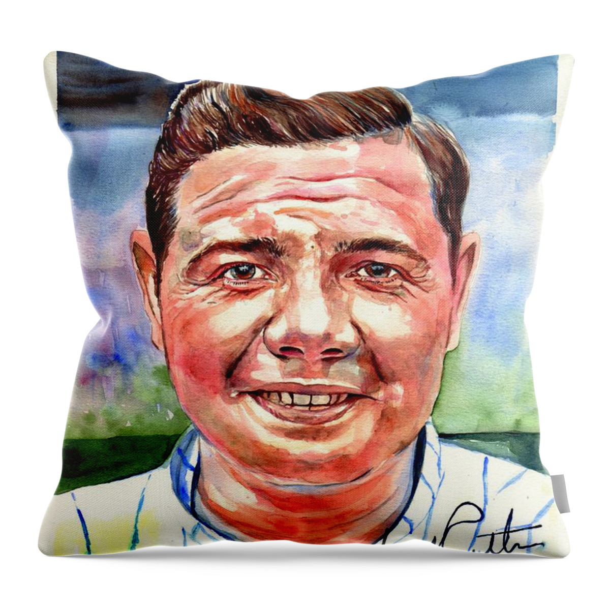 Babe Throw Pillow featuring the painting Babe Ruth portrait by Suzann Sines