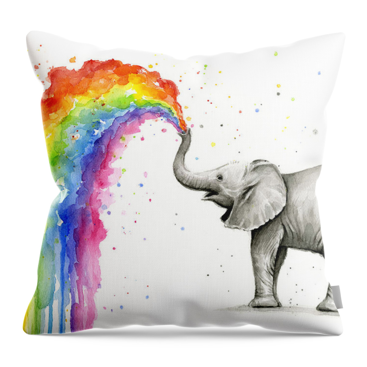 Baby Throw Pillow featuring the painting Baby Elephant Spraying Rainbow by Olga Shvartsur