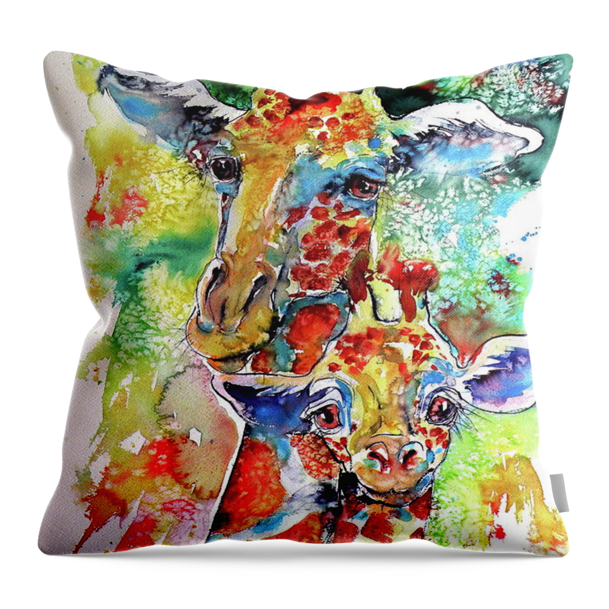 Baby Throw Pillow featuring the painting Baby giraffe with mammy by Kovacs Anna Brigitta
