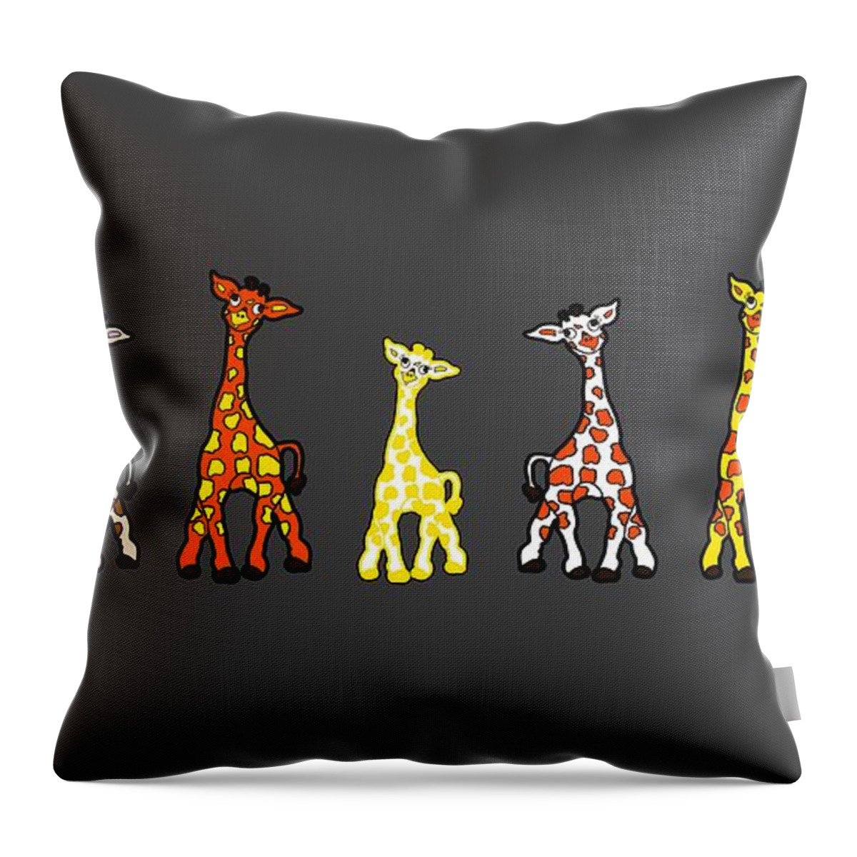 Giraffes Throw Pillow featuring the drawing Baby Giraffes In A Row by Rachel Lowry