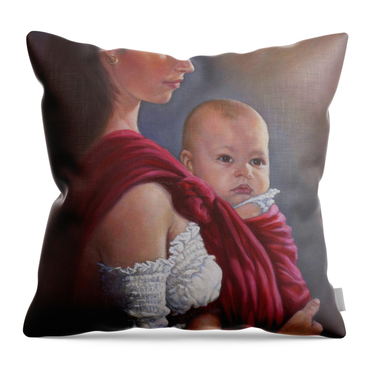 Mother And Child Throw Pillow featuring the painting Baby In Rebozo by Harvie Brown