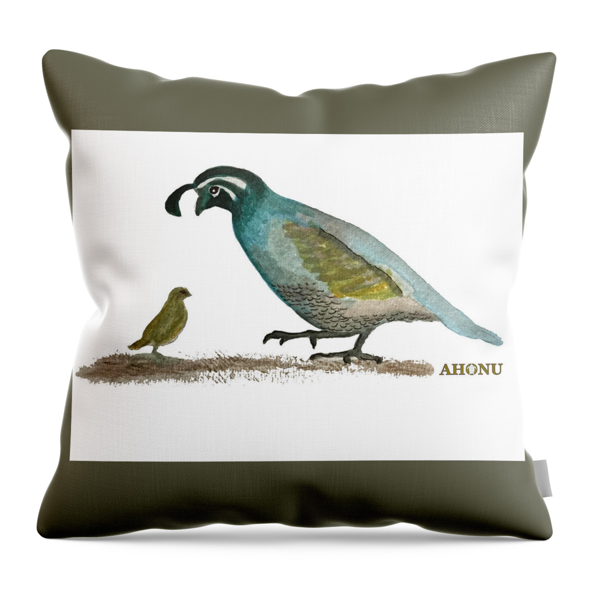 California Throw Pillow featuring the painting Baby Quail Learns The Rules by AHONU Aingeal Rose