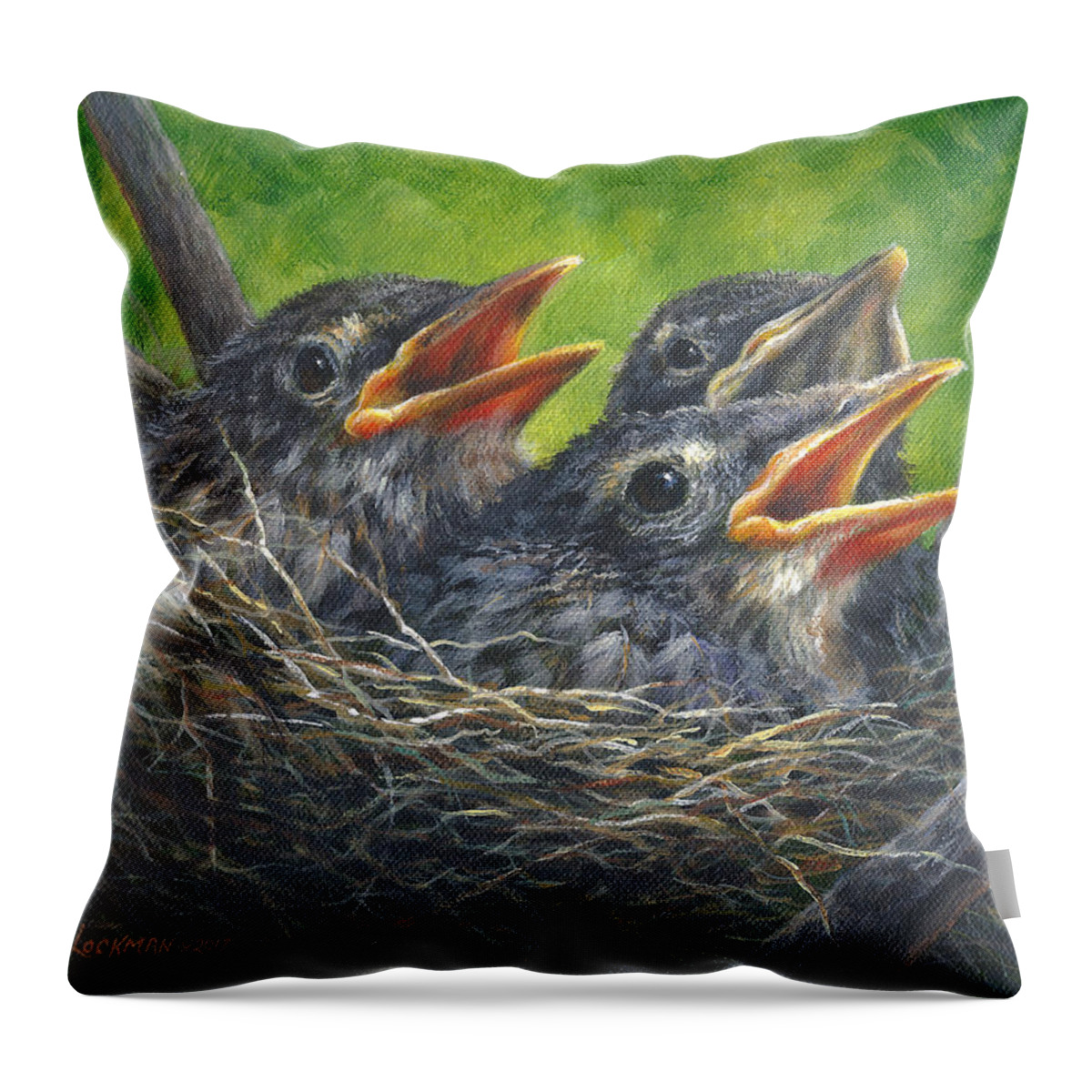 Baby Robins Throw Pillow featuring the painting Baby Robins by Kim Lockman