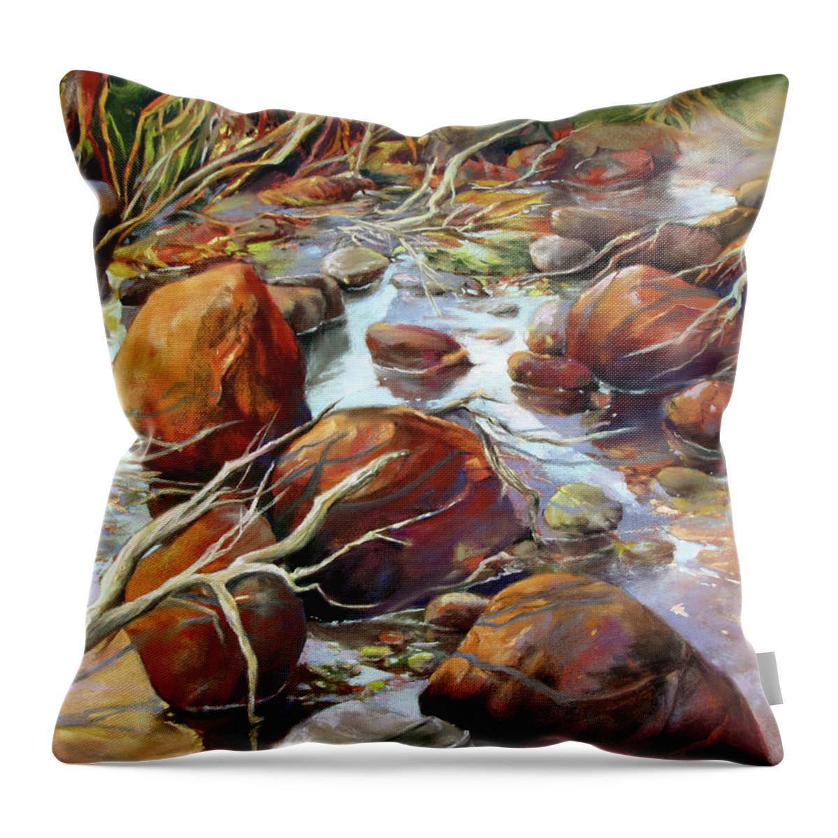 Seascape Throw Pillow featuring the painting Backwater Sticks and Stones by Rae Andrews