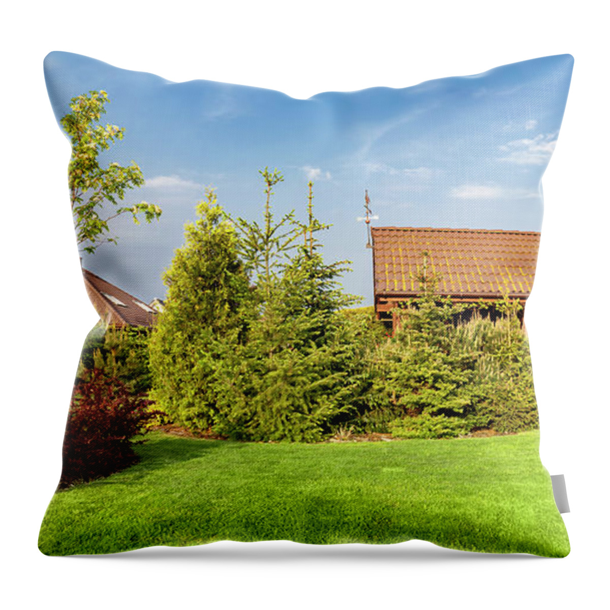Garden Throw Pillow featuring the photograph Backyard of a family house. Landscaped garden with green mown grass, wood shelter. by Michal Bednarek