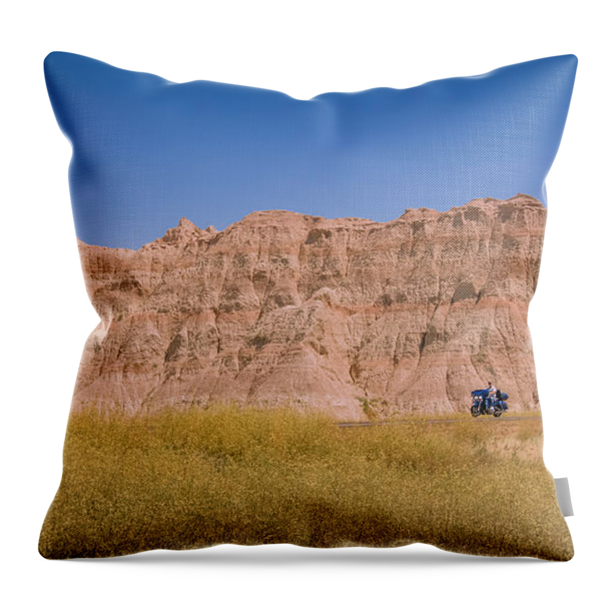 South Dakota Throw Pillow featuring the photograph Badlands Bikers by Hermes Fine Art