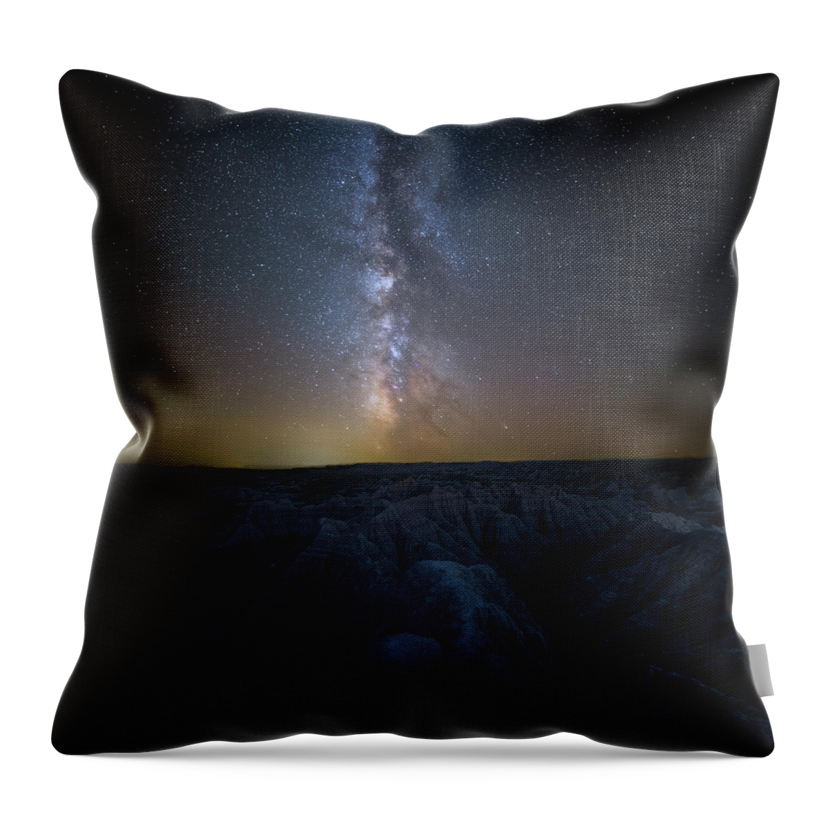 Sky Landscape Badlands Travel Night Stars Usa 500px September Long Exposure Space Star Astronomy Cosmos National Park Milky Way Core Prints Astrophotography Throw Pillow featuring the photograph Badlands II by Aaron J Groen