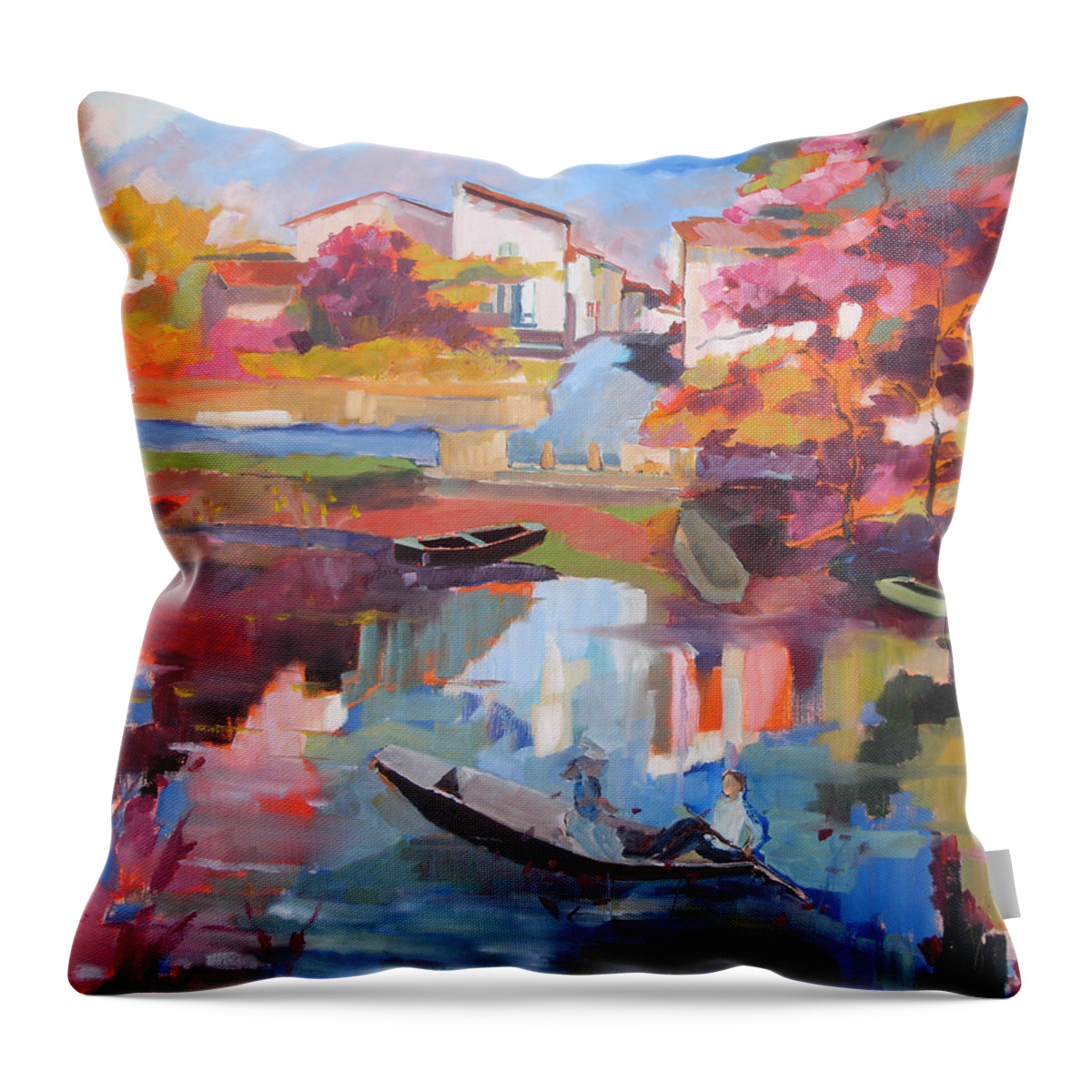 Niortais Throw Pillow featuring the painting Balade Niortaise by Kim PARDON
