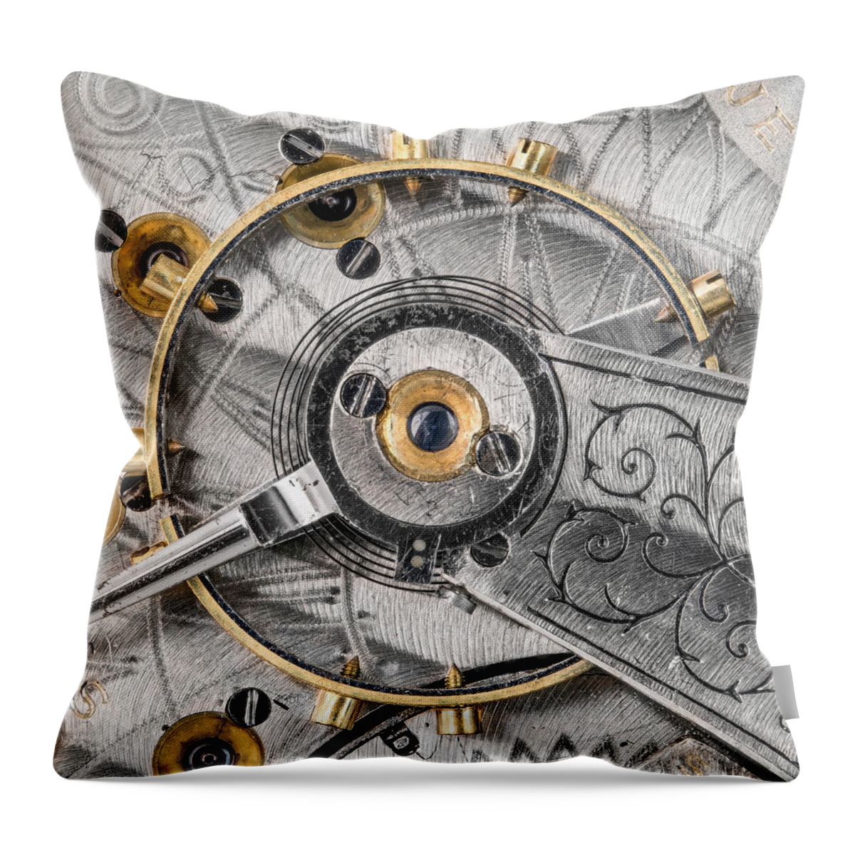 Watch Throw Pillow featuring the photograph Balance wheel of an antique pocketwatch by Jim Hughes