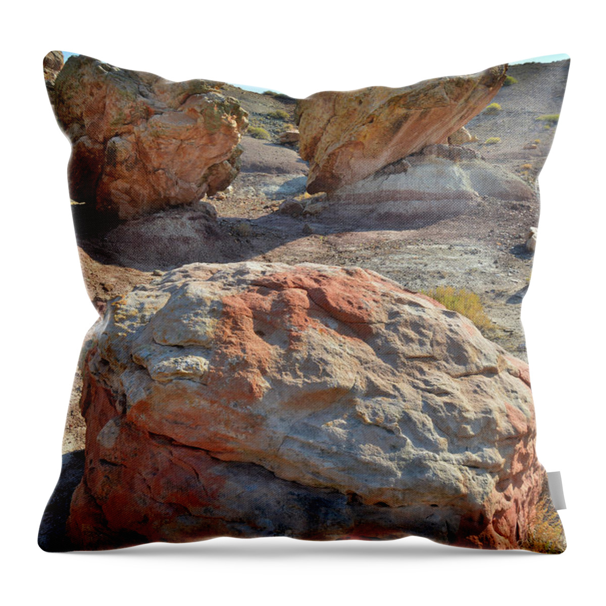 Grand Junction Throw Pillow featuring the photograph Balanced Boulders in Bentonite Site by Ray Mathis