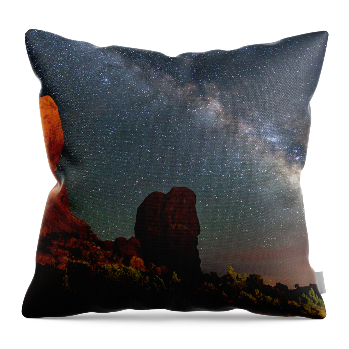 Arches National Park Throw Pillow featuring the photograph Balanced Rock and Milky Way by Dan Norris