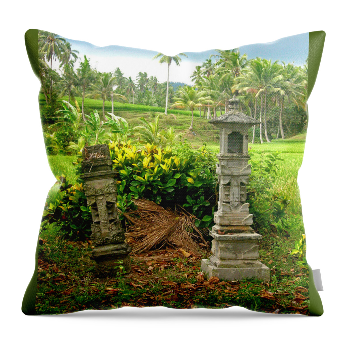  Indonesia Throw Pillow featuring the photograph Balinese Rice Field Shrines by Mark Sellers