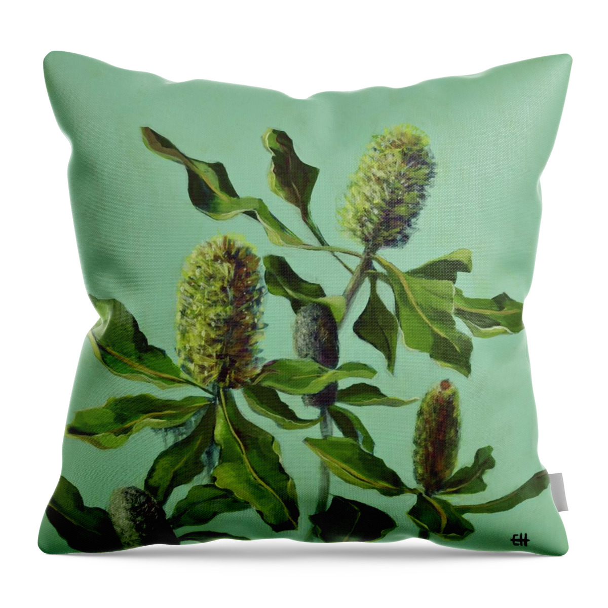 Australian Flora Throw Pillow featuring the painting Banksias Australian Flora Painting by Chris Hobel