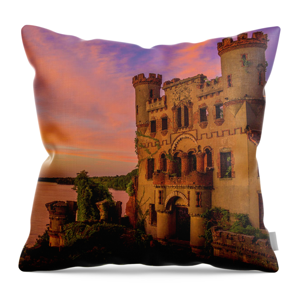 Hudson Valley Throw Pillow featuring the photograph Bannerman Castle Sunset by John Morzen