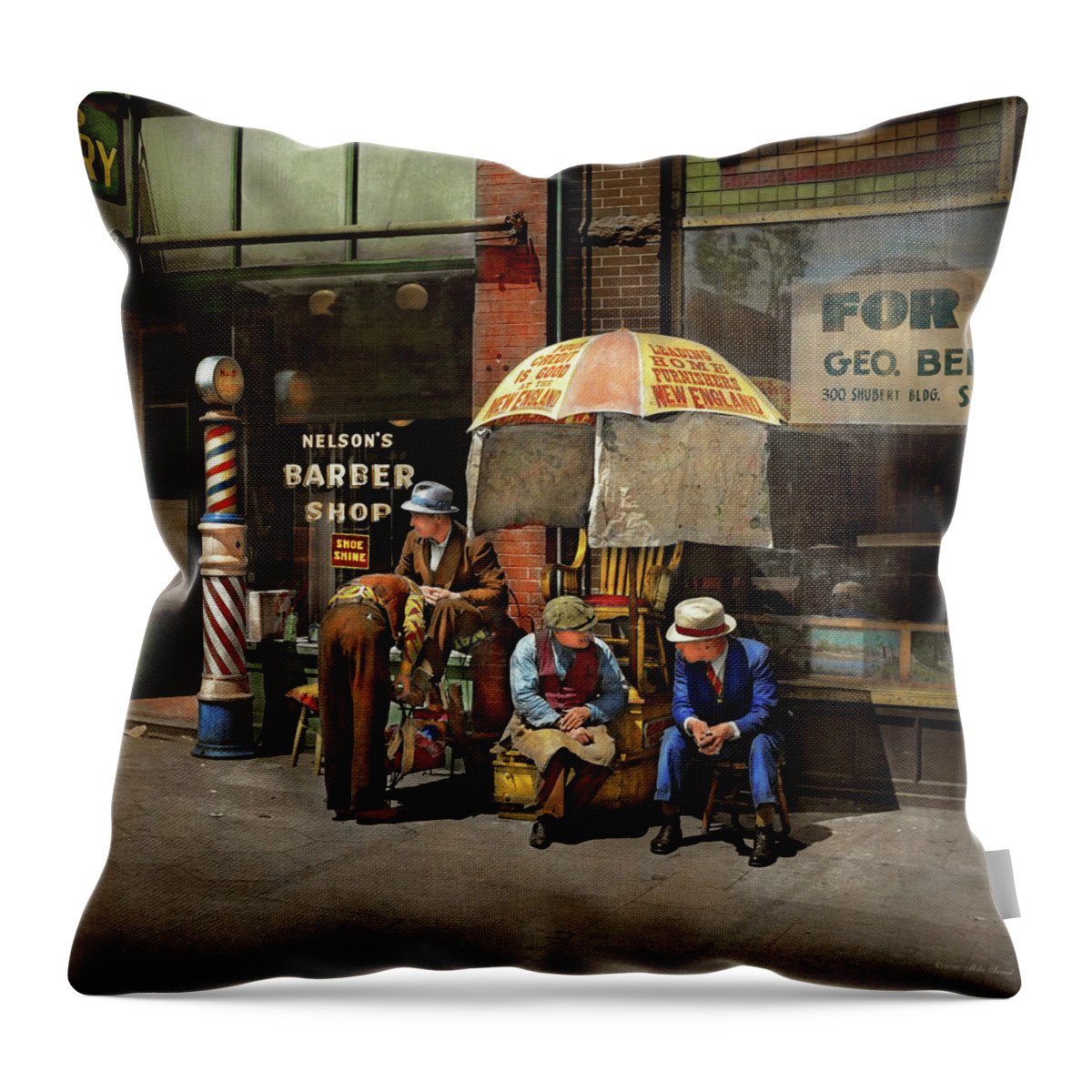 Barber Throw Pillow featuring the photograph Barber - At Nelson's Barber Shop 1937 by Mike Savad